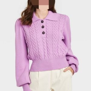 Women's Collared Pullover Sweater, Size Medium,  Magenta by Who What Wear